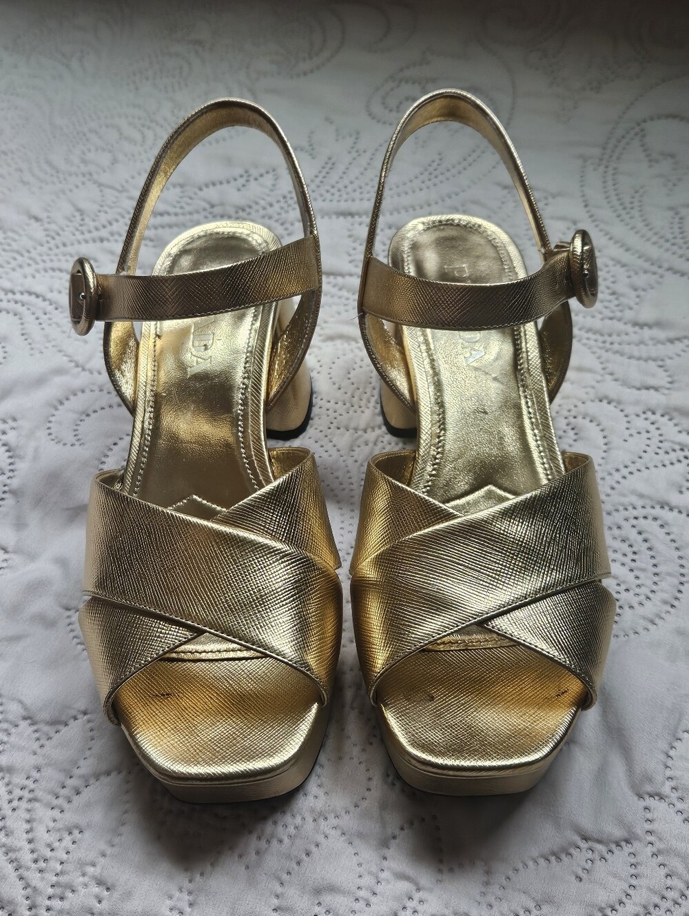 Prada Gold Textured Patent Heels Size 9.5 With Box
